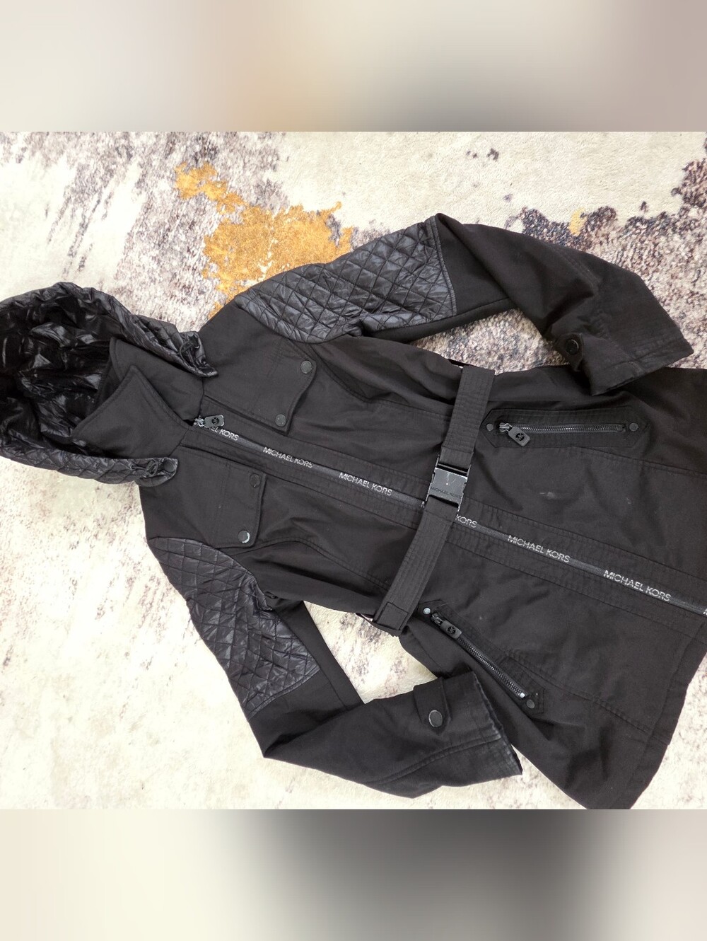 Michael Kors Black Quilted-Sleeve Belted Trench Coat